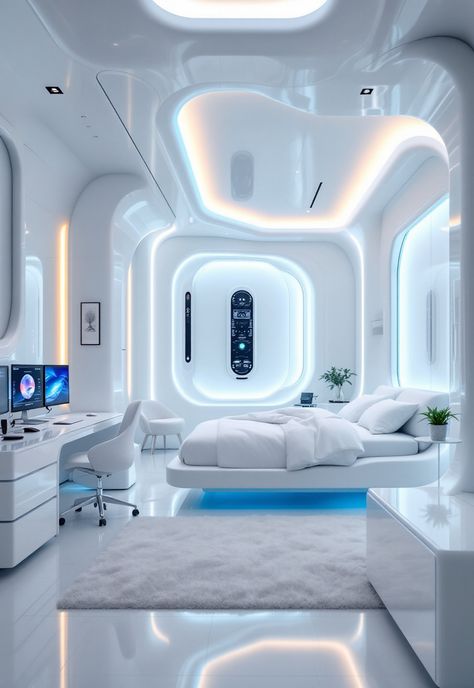 Baddie Bedroom Ideas Futuristic Room Aesthetic, Futuristic Design Interior, Tech Bedroom, Futuristic Bedroom Design, Futuristic Bedroom Ideas, Futuristic Bed, Futuristic Rooms, Futuristic Apartment, Sci Fi Room