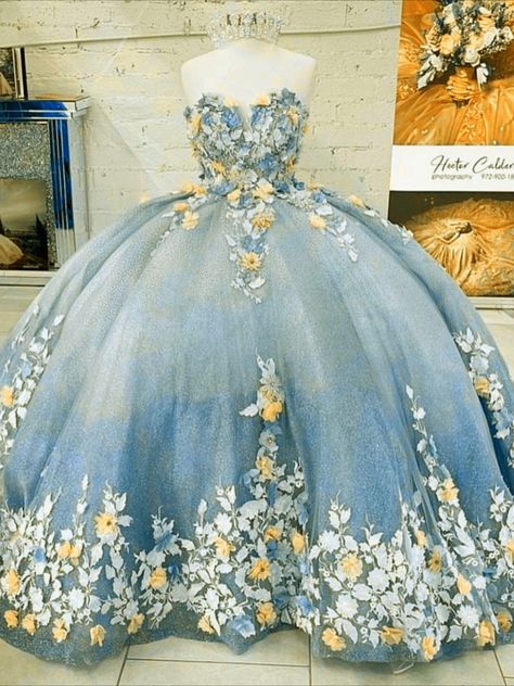 Pastel Yellow Flowers, Blue Quince Dress, 15 Birthday Dresses, Blue Quinceanera Dress, Light Blue Quince, Blue Quinceanera Dresses, Quincenera Dresses, Quinceñera Dresses, Blue Quince