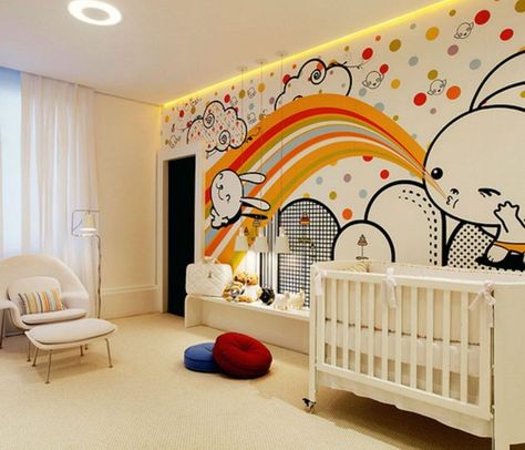 modern baby nursery with colorful design Rainbow Mural, Gender Neutral Decor, Gender Neutral Baby Nursery, Baby Room Neutral, Baby Nursery Neutral, Beautiful Nursery, Baby Room Design, Gender Neutral Nursery, Baby Bedroom