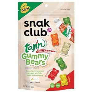 Snak Club Gummy Bears, Tajin Chili & Lime Sweet and Spicy Gummy Candy, Mild in Heat Bold in Flavor, Low-Fat, Vegan, Gluten-Free Snack, 9 oz Large Resealable Bag Candy Gummies, Seasoned Nuts, Lime Seasoning, Gummy Bear Candy, Chili Lime Seasoning, Candy Sprinkles, Chewy Candy, Chili Lime, Gummy Bear