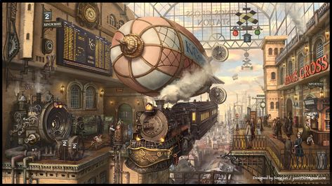 Train Station Art, Steampunk Background, Steampunk City, Painting School, Steampunk Artwork, Steampunk House, Environment Props, Old Train Station, Scenery Background