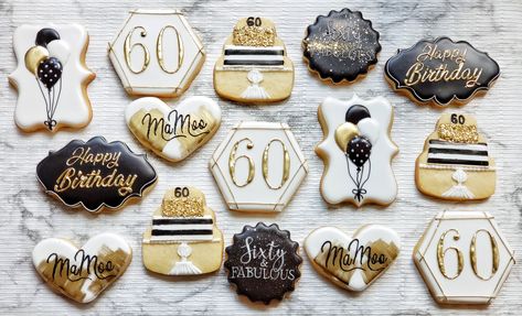 By: Blue House Sugar Cookies 60 Cookies Decorated, 60 Cookies Birthday, 60th Birthday Decorated Cookies, 60th Birthday Royal Icing Cookies, 60 Th Birthday Cookies, 60 Birthday Cookies Decorated, 60th Birthday Cookies Mom, 60th Birthday Cookies Decorated, Black And Gold Birthday Cookies