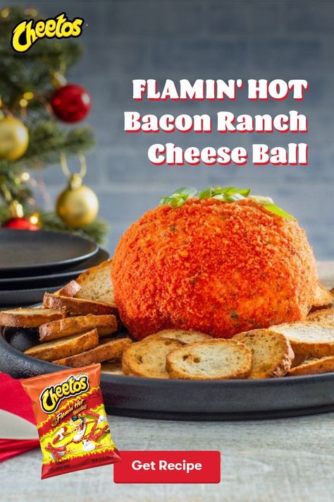 Loaded with Cheddar and Pepper Jack cheese, this bacon-ranch cheese ball gets a CHEETOS® FLAMIN' HOT® crust for an extra-spicy explosion of flavor. Hot Cheeto Cheese Ball, Bacon Ranch Cheese Ball, Ranch Cheese Ball, Holiday Apps, Hors Devours, Random Recipes, Cheese Ball Recipes, Snacks To Make, Healthy Groceries