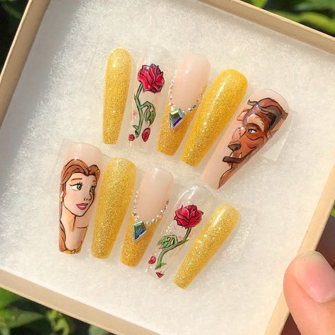 Character Design Nail Art, Beauty Beast Nails, Bueaty And The Beast Nails, Beauty And The Beast Rose Nails, Beauty And The Best Nails, Beauty And Beast Nails Art Ideas, Beauty And The Beast Themed Nails, Disney Nails Beauty And The Beast, Beauty And Beast Nails