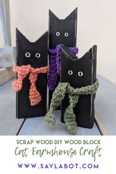 DIY wood block cat family. Wooden Black Cat Diy, Diy Cat Crafts Gift Ideas, Wooden Cats Diy, Wood Cats Projects, Wood Block Christmas Crafts, Wood Cats, Wood Blocks Christmas, Cat Diy Crafts, Fall Wood Crafts