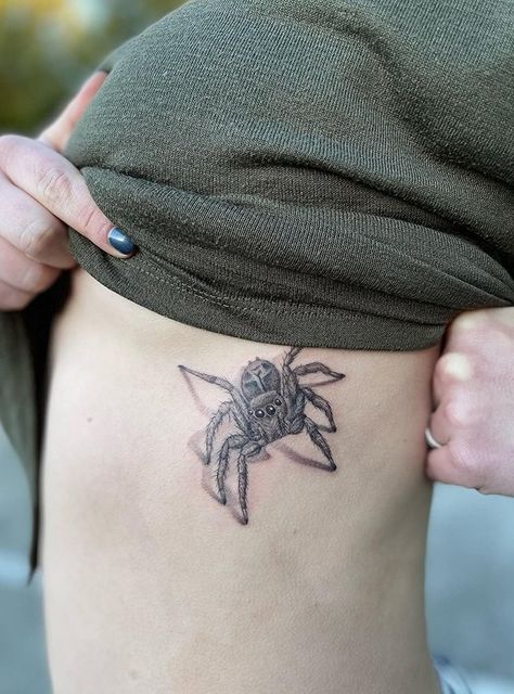 Spider Tattoo Patchwork, Realistic Insect Tattoo, Realistic Bug Tattoo, Cute Jumping Spider Tattoo, Spider Tattoo Cute, Cute Spider Tattoo, Jumping Spider Tattoo, Spider Tattoo Ideas, Spider Tattoos