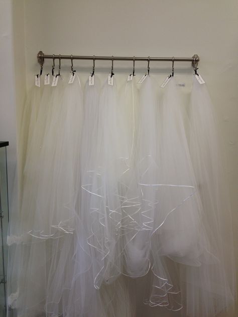 Wedding veil display at Vintage Tulle www.vintagetulle.com.au Veil Display, Veil Hanger, Bridal Shop Interior, Bridal Shop Decor, Bridal Shop Ideas, Bridal Boutique Interior, Dress Rack, Bridal Party Dress, Bridal Showroom