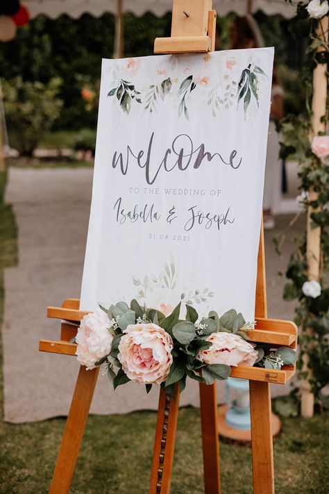 Welcome sign complete with florals set on wooden easel outdoors | Kirsty Louise Photo Wedding Direction Signs, Large Wedding Signs, Wedding Directions, Wedding Reception Signs, Bridal Shower Printables, Boho Bridal Shower, Welcome Sign Template, Custom Wedding Signs, Eucalyptus Greenery