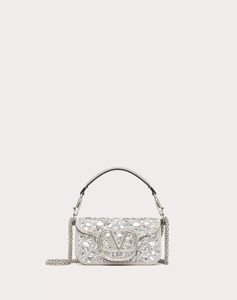 Small Locò Shoulder Bag With Crystals for Woman Metallic Shoulder Bag For Evening With Silver-tone Logo, Luxury Silver Embellished Shoulder Bag, Luxury Silver Shoulder Bag With Metal Logo, Luxury Silver Shoulder Bag With Rhinestones, Luxury Crystal Silver Bag, Jewel Logo, Studded Sneakers, Metal Choker, Bag Prada