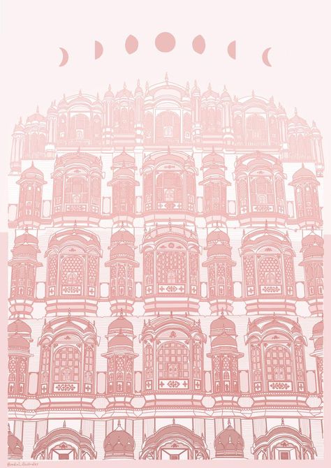 Jaipur Background, Hawa Mahal Illustration, Hawa Mahal Sketch, Jaipur Illustration, Jaipur Architecture, Bangkok House, Jaipur Prints, Eid Theme, Embossed Paper Art