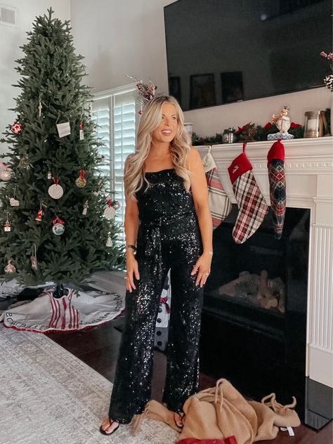 Sequin Jumpsuit And Sweater, Sequin Jumpsuit Lulus, Sequin Jumpsuit Outfit, Jumpsuit With Cardigan, Christmas Looks Outfits, Black Sequin Jumpsuit Long Sleeve, Fitted Sequin V-neck Jumpsuits And Rompers, Fitted V-neck Sequin Jumpsuits And Rompers, Black Sequin Jumpsuit