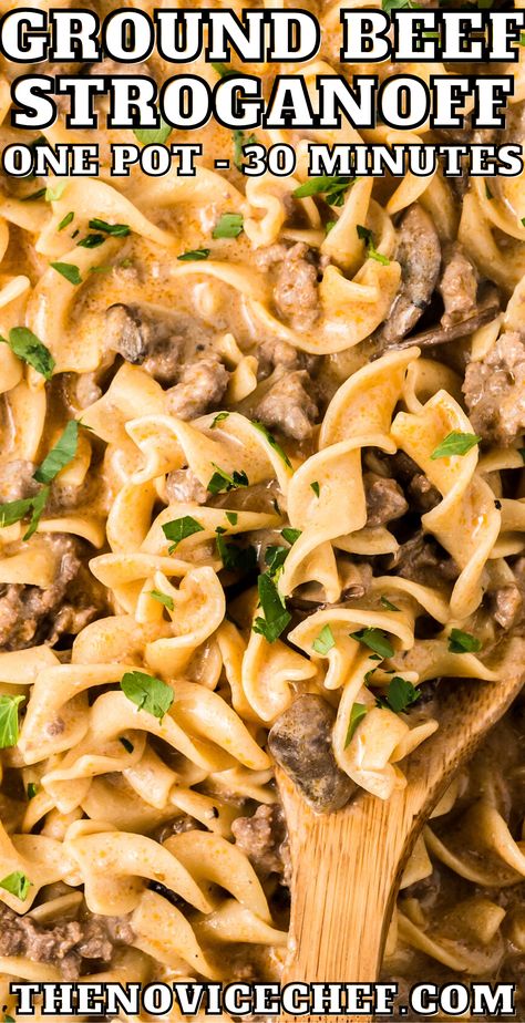 This simple Ground Beef Stroganoff is perfect for any night of the week. Better than store bought, it’s a one-pot meal made with savory beef, creamy sauce, mushrooms, and noodles! One Skillet Ground Beef Stroganoff, Lazy Man Beef Stroganoff, One Pot Beef Stroganoff Easy, Beef Stroganoff Dry Mix Recipe, Ground Beef Stroganoff Healthy, Crock Pot Stroganoff Ground Beef, One Pot Hamburger Stroganoff, Poor Man Beef Stroganoff, Poor Man’s Stroganoff Cooktop Cove