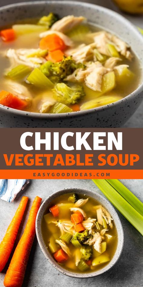 Looking for a delicious Fall soup recipe? Try this Chicken Vegetable Soup! This quick and easy soup recipe is made with shredded rotisserie chicken, chicken broth, and vegetables. It makes a great Fall comfort food for dinner! Chinese Chicken Vegetable Soup, Chicken And Vegetables Soup, Vegetable Soup With Chicken Broth, Homemade Chicken Vegetable Soup, Chicken And Vegetable Soup, Beginners Recipes, Chicken Broth Soup, Chicken Veggie Soup, Chicken Vegetable Soup Recipes