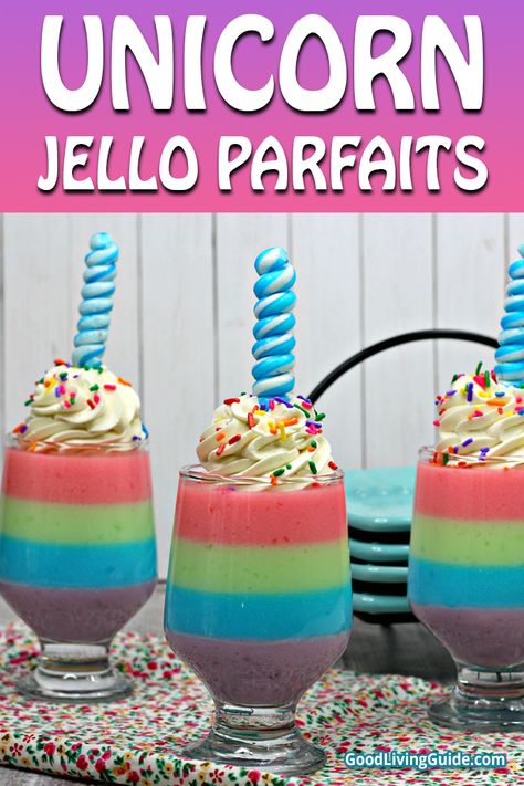 When it's warm outside, nobody wants to bake. That's when you whip up easy summertime desserts like these colorful, creamy Unicorn Jello Parfaits. Unicorn Jello Cups, Unicorn Jello, Jello Dessert Cups, Jello Parfait, Jello Flavors, Unicorn Party Food, Unicorn Food, Whipped Yogurt, Layered Jello