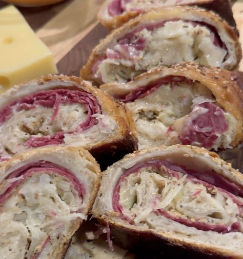 Reuben Stromboli with imported Swiss Reuben Stromboli Recipe, Rueben Stromboli, Reuben Stromboli, Classic Reuben Sandwich, Reuben Sandwich Classic, Leek Tart, Roquefort Cheese, Comte Cheese, Stromboli Recipe