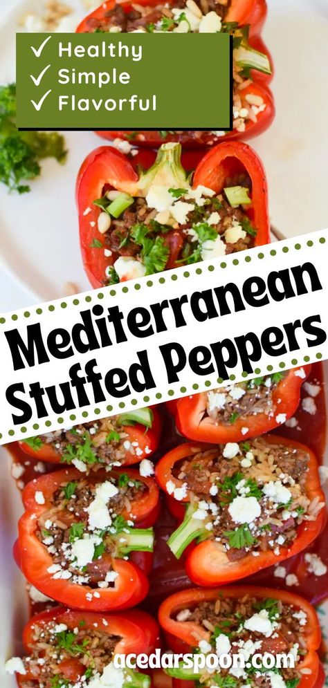 Get a taste of the Mediterranean with this delicious ground beef stuffed peppers recipe. Peppers are roasted with a flavorful mixture of rice, diced tomatoes and warm spices. They're topped off with fresh herbs, feta cheese and served warm - perfect for summer meals! You'll love this healthy and tasty recipe! Mediterranean Diet Recipes Stuffed Peppers, Mediterranean Ground Beef, Ground Beef Stuffed Peppers, Recipe Peppers, Mediterranean Stuffed Peppers, Beef Stuffed Peppers, Stuffed Bell Peppers Ground Beef, Stuffed Peppers Beef, Quinoa Stuffed Peppers