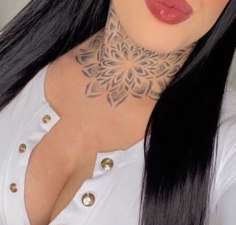 Women’s Neck And Chest Tattoo, Mandela Neck Tattoos Women, Mandala Tattoo Neck For Women, Throat Tattoos Women Mandala, Mandela Neck Tattoo, Dot Work Neck Tattoo, Mandala Neck Tattoo For Women, Front Of Neck Tattoos Women, Mandala Throat Tattoo