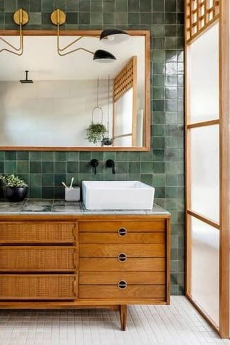 An acrylic screen creates privacy for this bathroom. Aesthetic Bathroom, Transitional Bathroom, Green Tile, Kitchen On A Budget, Bath Tub, Built In Wardrobe, Bathroom Makeover, Small Apartments, Bathroom Inspiration