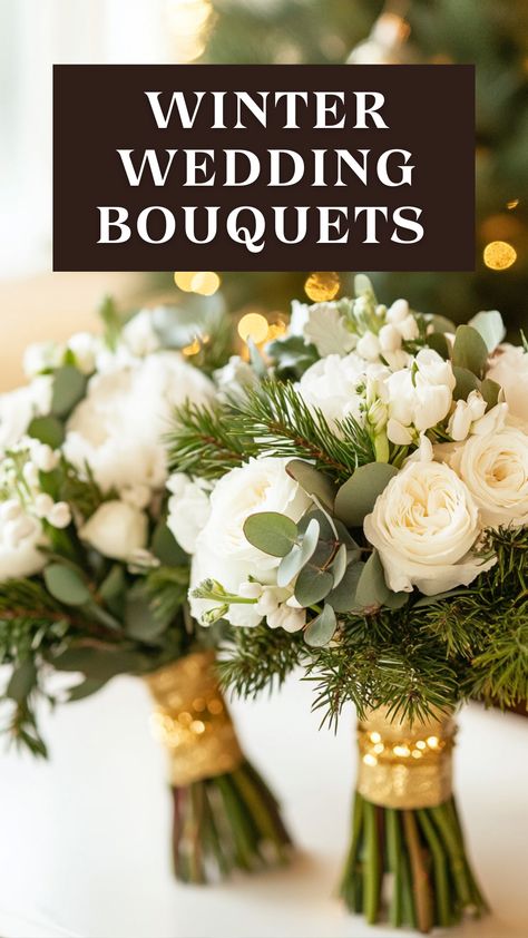 Elegant winter wedding bouquets with options in white, gold, burgundy, and blue for brides. Fall Brides Bouquet, Simple Wedding Bouquet Winter, January Wedding Bouquet, Winter Bouquet Flowers, Simple Fall Wedding Bouquets, December Wedding Flowers, Blue Arrangements, February Wedding Flowers, Bridal Bouquet Winter