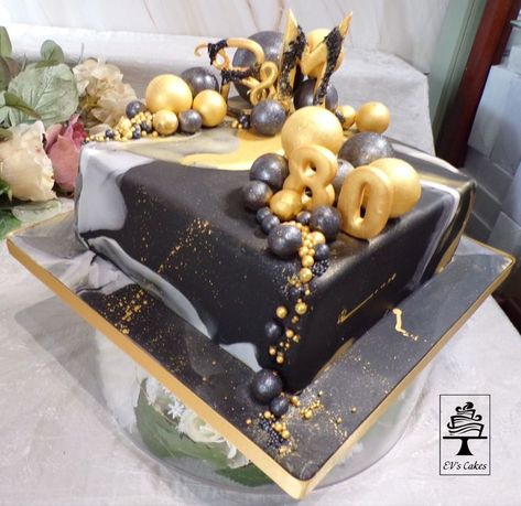 Black And Gold Anniversary Cake, Birthday And Anniversary Cake, Square Birthday Cake, 80th Birthday Cake, Black And Gold Cake, Number Birthday Cakes, 80 Birthday Cake, Wedding Anniversary Cake, 70th Birthday Parties