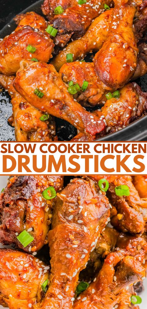 Slow Cooker Chicken Drumsticks - 🍗🍯🧄 These honey garlic chicken drumsticks marinate in a mixture of soy sauce, honey, garlic, ginger, and more which gives them a balance of sweet, savory, and lightly smoky FLAVOR! After slow cooking for hours, the meat is fall-off-the-bone tender and juicy! The EASIEST way to make chicken drumsticks because your slow cooker does all the work and everyone adores the result! Slow Cooker Drumsticks, Easy School Night Dinners, Honey Garlic Chicken Drumsticks, Slow Cooker Chicken Drumsticks, Garlic Chicken Drumsticks, Crock Pot Drumsticks, Chicken Appetizers Easy, Chicken Appetizer Recipes, Easy Chicken Recipes For Dinner