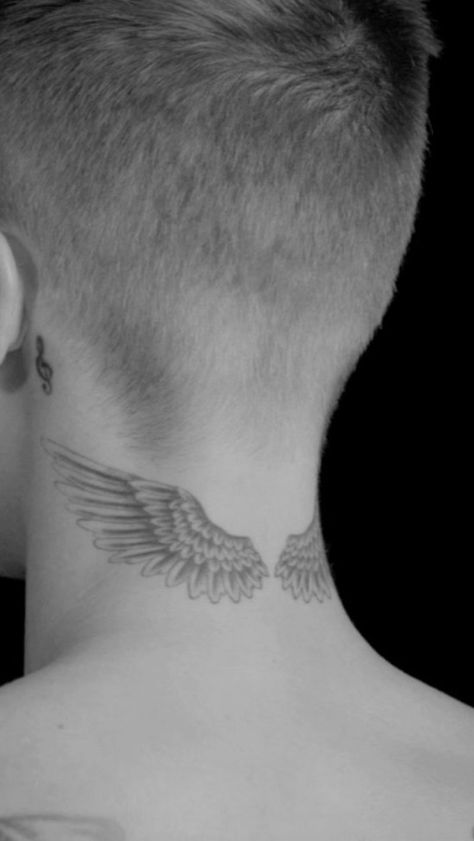 Wings Behind Neck Tattoo, Wing Neck Tattoo, Behind Ear Tattoos, Small Quote Tattoos, Back Of Neck Tattoo, Wing Tattoo, Small Tattoos For Guys, Tattoo Art Drawings, Wings Tattoo