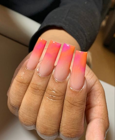 Pink Orange Ombré Nails, Orange Pink Ombre Nails, Short Marble Acrylic Nails, Marble Ombre Nails Acrylic, Orange And Pink Ombre Nails, Pink Orange Ombre Nails, Pink And Orange Ombre Nails, Marble Ombre Nails, Ombre Nails Square