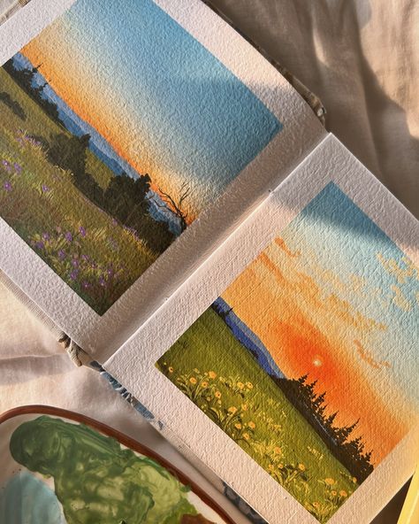 Chasing golden horizons ❤️‍�🩹🌻 Used @miyahimi.india gouache paints from @thoovi.arts Worked on @creatingfromtheheartstore sketchbook ( gouache art, easy art, sunset painting, sunset aesthetics, sunset art, easy gouache art, easy painting, gouache artwork, gouache illustration ) Tags 🏷️ #gouachepainting #gouachepaint #gouacheillustration #gouachelandscape #gouacheartist #easyartwork #easyart #gouacheartist Gouache Art Easy, Gouache Sunset, Art Easy Painting, Easy Gouache, Gouache Illustration, Arte Aesthetic, Gouache Paints, Painting Sunset, Painting Gouache