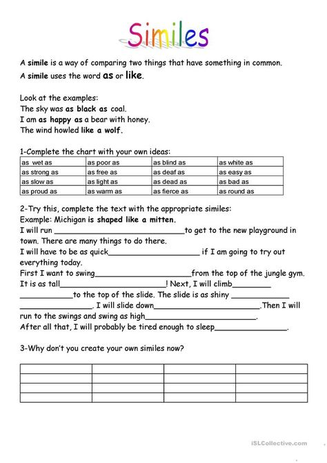 Similes - English ESL Worksheets for distance learning and physical classrooms Similes Worksheet, Simile Lesson, Simile Activities, Simile Worksheet, Figurative Language Worksheet, Advance English, Free Printable Kindergarten Worksheets, Free Printable Kindergarten, Printable Kindergarten Worksheets