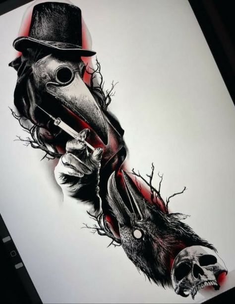 Unique Half Sleeve Tattoos, Doctor Tattoo, Chest Tattoo Ideas, Skull Art Tattoo, Line Tattoo Ideas, Black Bird Tattoo, Artwork Anime, Full Tattoo, Skull Sleeve Tattoos