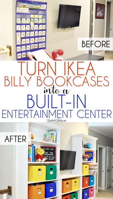 This is such an easy way to turn inexpensive Billy Bookcases from Ikea into an entertainment center with a custom, built-in look! Great for a kids' playroom, bedroom, or office.  Even shows how to give the bookshelves crown moulding and baseboards. Ikea 2015, Billy Ikea, Billy Bookcases, Ikea Built In, Billy Bookcase Hack, Custom Bookshelves, Billy B, Built In Entertainment Center, Kura Bed