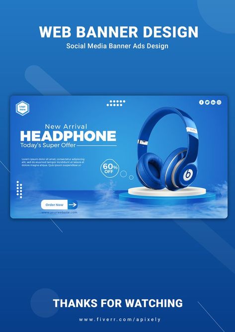 Website eCommerce Headphone Banner Post Tech Ad Website Slider Design Ideas, Headphone Ads Design, Product Thumbnail Design, Instagram Cover Design, Website Banner Design Creative, Website Banners Design, Tech Banner Design, Web Banner Design Ads, Headphone Banner