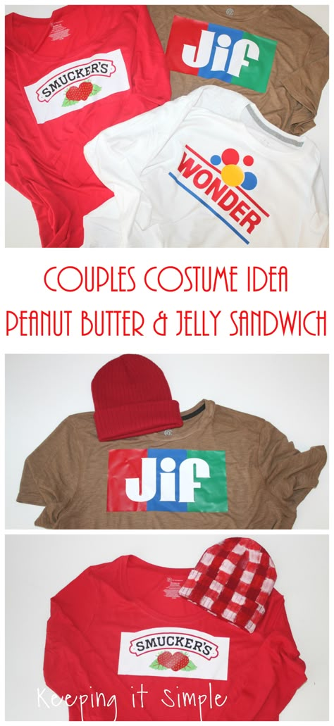 Peanut Butter And Jelly Costume, Sandwich Costume, Diy Peanut Butter, Last Minute Couples Costumes, 3 People Costumes, Easy Couples Costumes, Peanut Butter And Jelly Sandwich, Halloween Costumes For Work, Jelly Sandwich