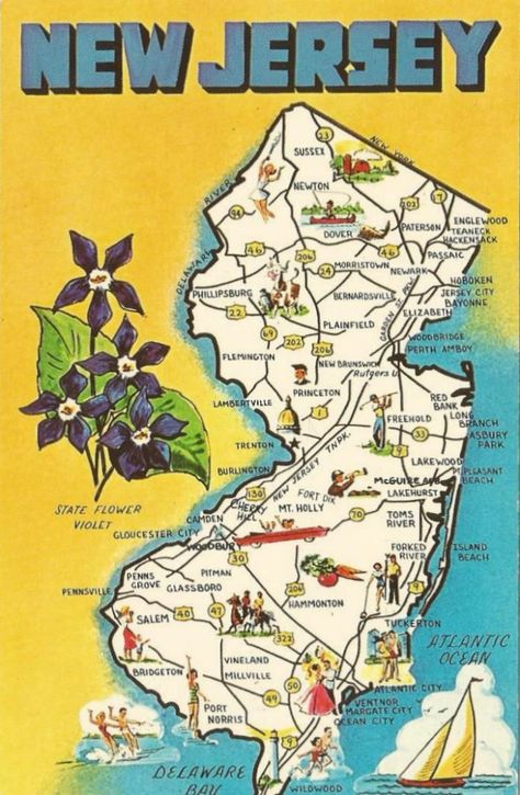 16 Things Everyone Who's Moved Away From New Jersey Has Thought At Least Once New Jersey Map, Garden State, Jersey Girl, Usa Map, Vintage Souvenir, Illustrated Map, State Map, Jersey City, New Brunswick