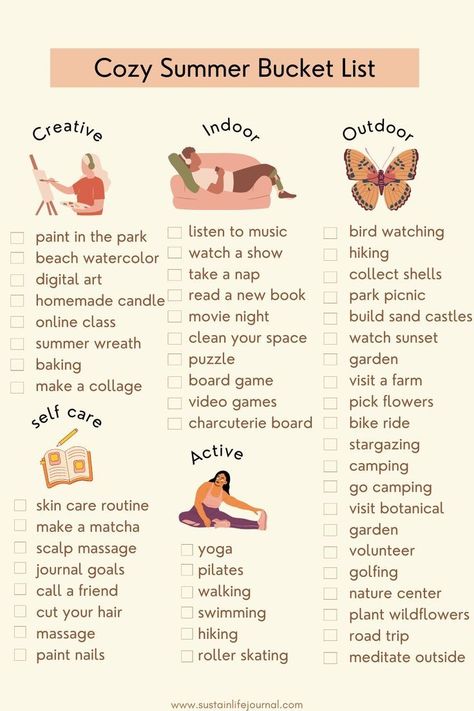 Self Bucket List, Getting Ready List, Things To Do In Summer Aesthetic, How To Have Aesthetic Life, Every Aesthetic List, Fun Hobby Ideas, Summer Hobbies Aesthetic, Hobbies For Summer, Summer To Do List Aesthetic