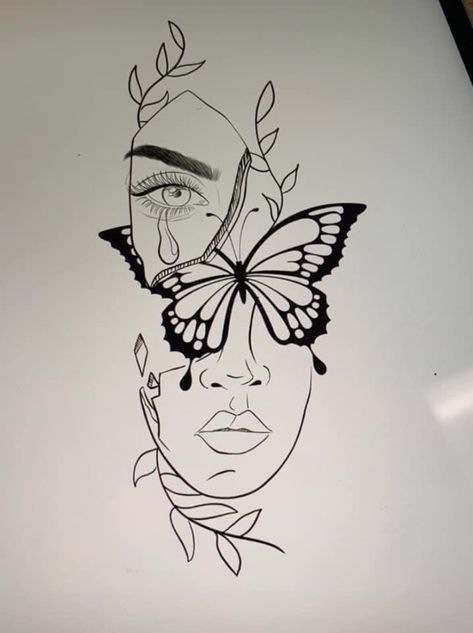 Two Faces Line Art Tattoo, Half Face Half Butterfly Tattoo, Butterfly Woman Face Tattoo, Butterfly And Face Tattoo, Butterfly Face Tattoo Sleeve, Butterfly Face Tattoos For Women, Butterfly Face Tattoo Design, Face With Butterfly Tattoo, Woman Face Tattoo Design Drawings