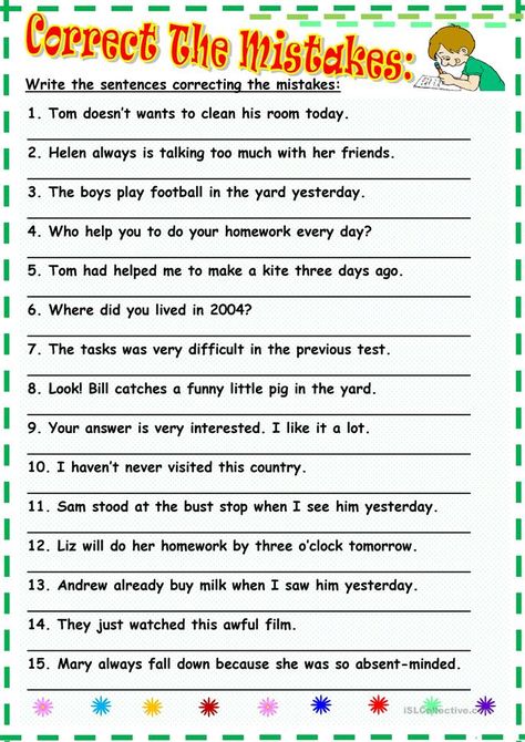 Correct the mistakes worksheet - Free ESL printable worksheets made by teachers Sentence Correction Worksheets, Advance English, Picture Comprehension, English Grammar Exercises, Grammar For Kids, English Teaching Materials, Good Grammar, Grammar Exercises, 6 Class