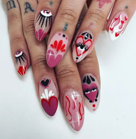 Elevate your Halloween nail game with these effortlessly cool Halloween nails! From spooky to chic, we've got the perfect nail designs for your ghoulishly glamorous look! Design Tip Nails, Rbd Inspired Nails, Dagger Nail Art, Tattoo Nails Designs, Nail Flower Designs Easy, Nails Done Aesthetic, Alternative Nails Designs, Sacred Heart Nails, Mexican Inspired Nails