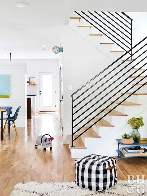 Explore these stair railing ideas and find inspiration for making a stylish statement in your home. #architecture #stairway #railingideas Stairway Railing Ideas, Farmhouse Stairs, Vstupná Hala, Indoor Railing, Metal Stair Railing, Stairs Railing, Wrought Iron Stair Railing, Rustic Stairs, Modern Stair Railing