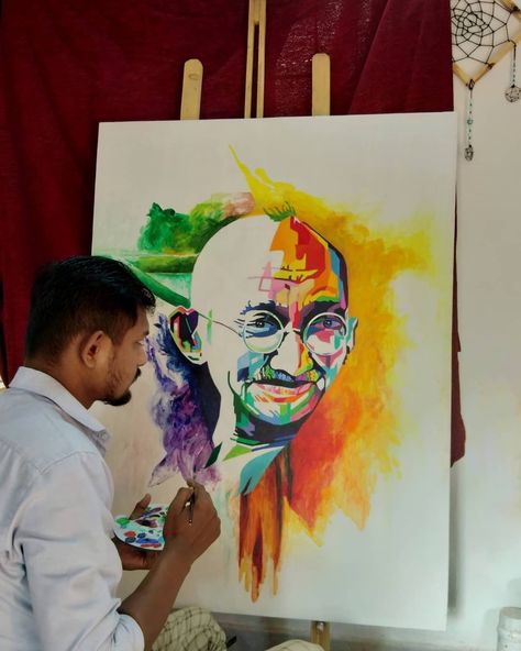 This is my 3rd Mahatma Gandhi painting on canvas, using acrylic colours. Tutorial of painting on my YouTube channel. Mahatma Gandhi Painting, Gandhi Painting, Sketch House, Independence Day Drawing, Shiva Sketch, Series Painting, Bangla Typography, Portraits Drawing, Painting Images