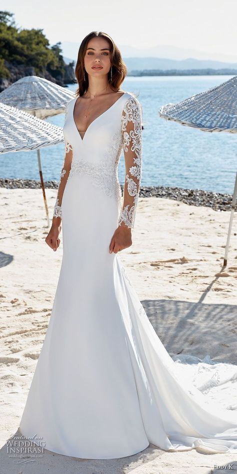 Simple Sheer Wedding Dress, Simple Fit And Flare Wedding Dress With Sleeves, Simple Wedding Dress With Lace Sleeves, Long Sleeve Fit And Flare Wedding Dress, 2 Way Wedding Gown, Simple Fit And Flare Wedding Dress, Fit And Flare Wedding Dress With Sleeves, Very Simple Wedding Dress, Elegant Wedding Dress With Sleeves