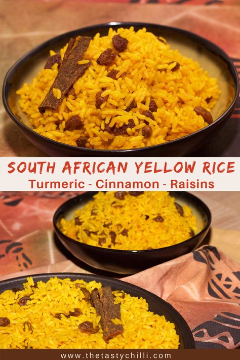 2 images of a bowl with South African yellow rice with a cinnamon stick Sweet Yellow Rice Recipe, Yellow Rice With Raisins, South African Side Dishes, South African Dinner Ideas, South African Rice, African Yellow Rice, South African Curry, South African Salad Recipes, South African Bobotie