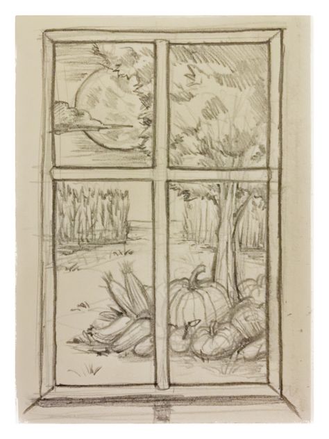 Fall Sketching Ideas, View Outside Window Drawing, Window In Sketchbook, Fall Drawings Sketches, View Out Of Window Drawing, View Through Window Drawing, Drawing Ideas Fall Aesthetic, Autumn Pencil Sketch, Fall Aesthetic Drawing Simple