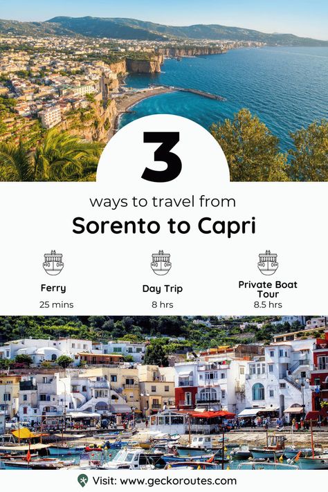 There are three ways to get from Sorrento to Capri: by ferry, day trip and private boat tour. The journey takes just 25 minutes to get from Sorrento to Capri, or you can visit on a day trip which takes around 8.5 hours. The cheapest way to get from Sorrento to Capri in Italy is by ferry. Tickets start from €22 ($24). TAP the pin to read our detailed route guide to get from Sorrento to Capri in Italy! Sorrento To Capri, Private Boat, Italy Travel Guide, Ways To Travel, Travel Tours, Boat Tours, Sorrento, 5 Hours, Italy Travel