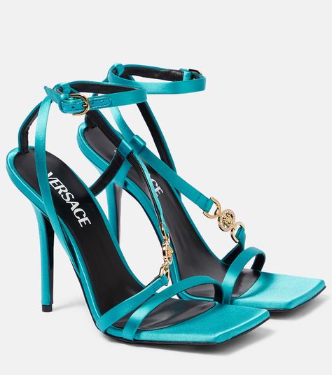 Versace Heels, Golden Crystal, Versace Blue, Versace Pink, Satin Sandals, Versace Gold, Versace Shoes, Designer High Heels, Satin Pumps