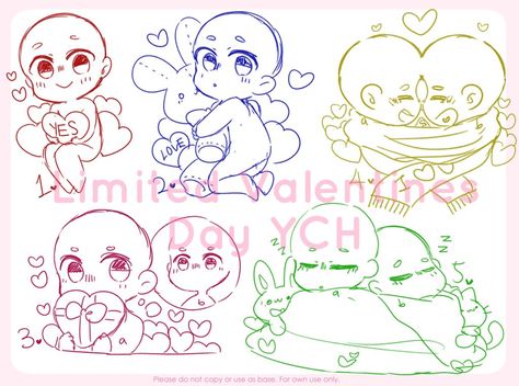 (CLOSED)Valentines Day YCH Set Price by Maymorin on DeviantArt Chibi Valentines Day, Valentines Day Anime Art, Valentines Day Drawings Art Ideas, Chibi Valentine, Valentine Drawing, Valentines Day Drawing, Chibi Sketch, Drawing Prompt, Chibi Drawings