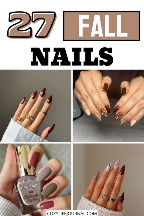 27 fall nail designs in shades of brown, beige, and maroon with various patterns and textures. Fall Design Acrylic Nails, Fall Coffin Shape Nails, Nails For Autumn Fall, Thanksgiving Coffin Nails, Fall Nails Inspo 2024, Fall Nail Designs Stiletto, Cozy Fall Nails, Fall Ballerina Nails, Plaid Fall Nail Designs