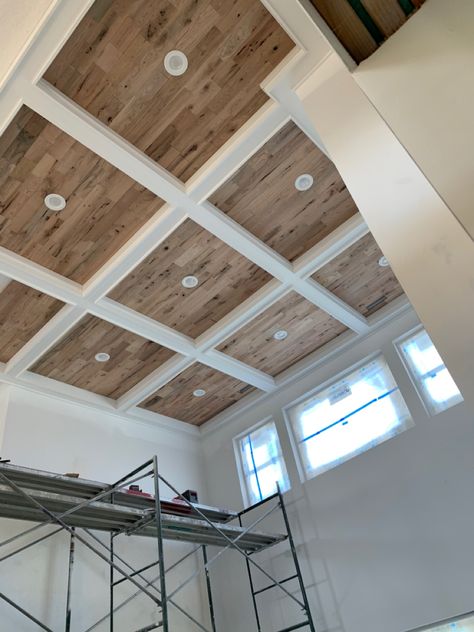 Faux Beam Coffered Ceiling, Reclaimed Wood Coffered Ceiling, Celining Light Ideas, Coffered Kitchen Ceiling Ideas, Boxed Ceiling Ideas, Stairwell Ceiling Ideas, Octagon Tray Ceiling Ideas, Cofford Ceilings, Coffered Ceiling Basement