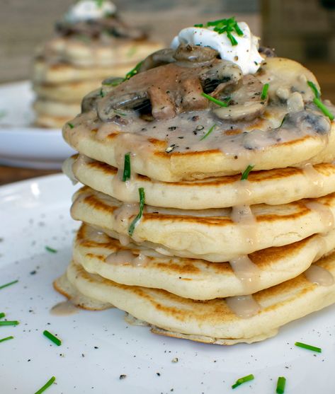 Savoury Vegan Pancakes with creamy mushrooms - Vegan Punks Three Ingredient Pancakes, Savoury Pancakes, Sweet Pancakes, Vegan Pancake Recipes, Savory Pancakes, Creamy Mushroom Sauce, Vegan Pancakes, Pancake Day, Savory Vegan