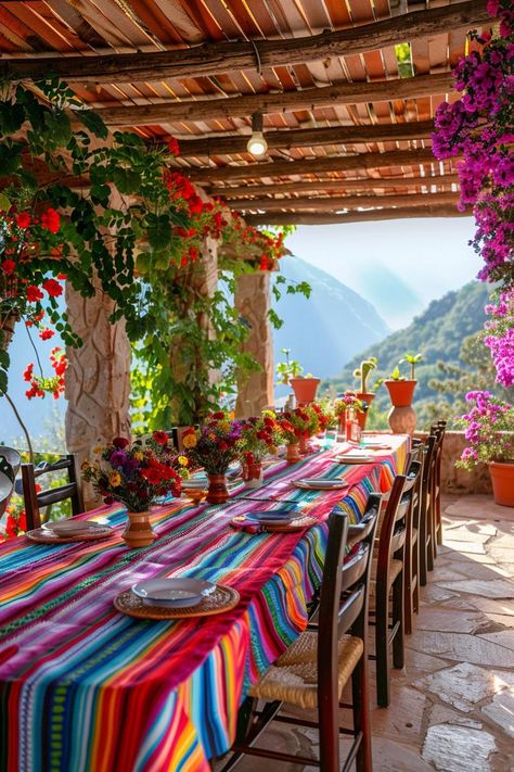 Outdoor Mexican Restaurant, Mexican Fiesta Ideas, Mexican Porch Ideas, Mexican Courtyard Hacienda Style, Outdoor Mexican Patio, Mexican Outdoor Decor Patio, Colorful Mexican House, Spanish Patio Ideas, Mexican Architecture Traditional